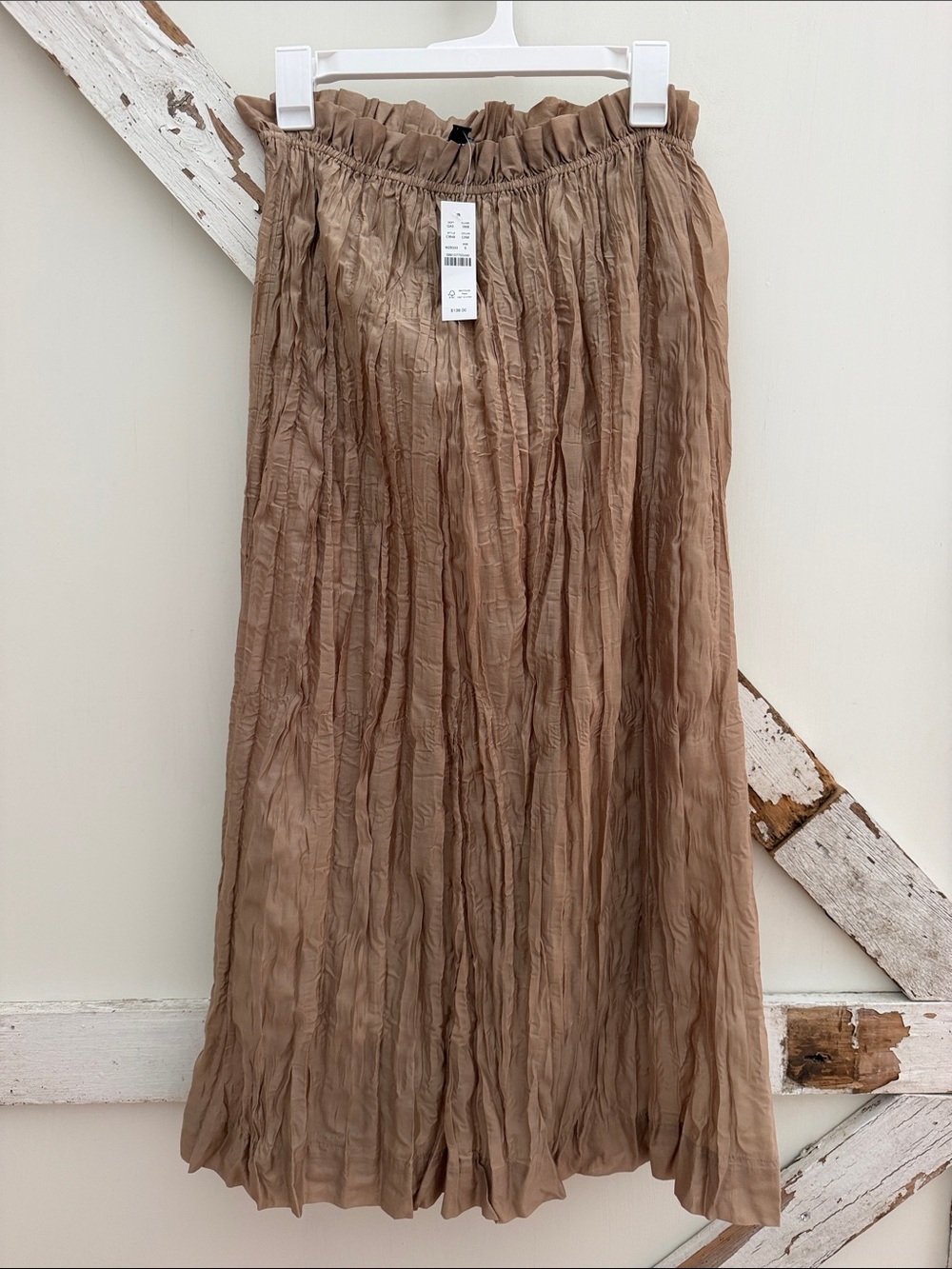 J. Crew Crinkled Midi Skirt in Light Tan